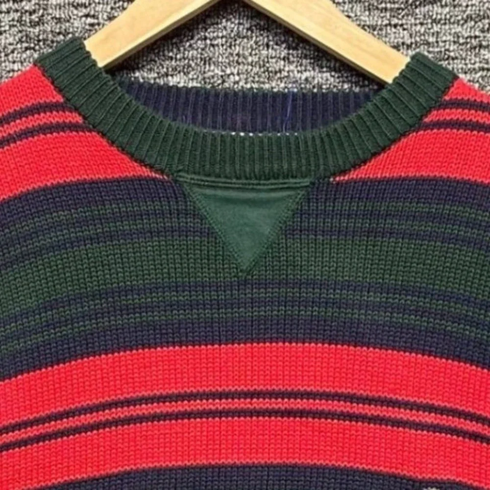 VTG Tommy Hilfiger Sweater Mens L Striped Knit Red Green Navy Crest Logo 90s